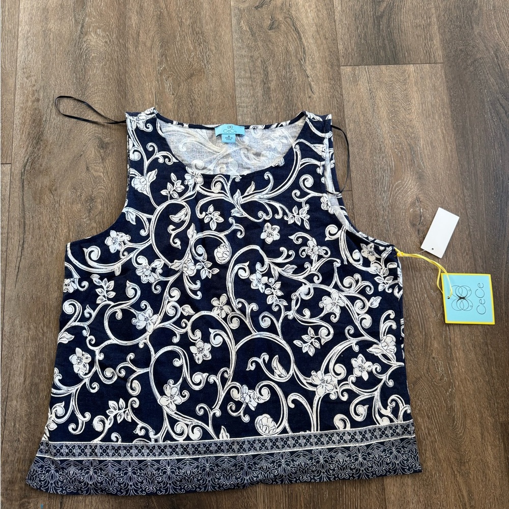 CeCe Navy and White Floral Scroll Sleeveless Top - Picture 5 of 9